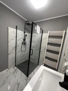 La salle de bains est pourvue d'une douche avec une porte en verre. dans l'établissement Cabana Green Hill, à Borşa