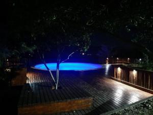 uma árvore numa piscina azul à noite em Valley View Eco Country Estate - Paradise in the Winelands em Villiersdorp