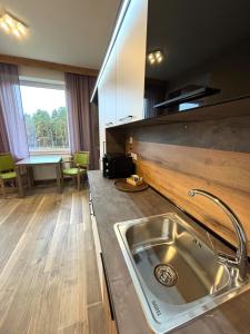 a kitchen with a stainless steel sink and a table at Wesendorf Residenz Premium Lounge in Wesendorf