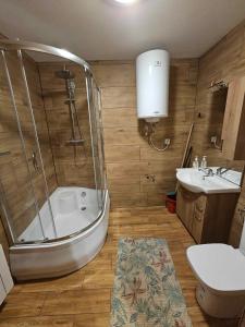 La salle de bains est pourvue d'une douche, d'une baignoire et d'un lavabo. dans l'établissement Serce Beskidu Niskiego Myscowa, à Krempna