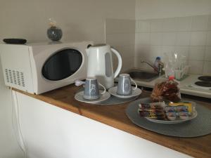 a microwave sitting on a counter with two plates of food at Studios Corte Restonica in Corte