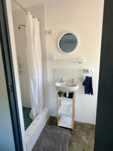 y baño con lavabo y ducha. en Riverdance Cottage, en Malgas