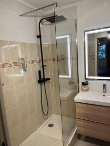 ein Bad mit einer Dusche und einer Glastür in der Unterkunft Joli Appart / Parking / CLIM / WIFI in Montpellier