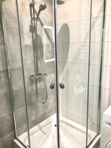 La salle de bains est pourvue d'une douche avec une porte en verre. dans l'établissement Cozy apartment in a complex Semycvit, à Lviv