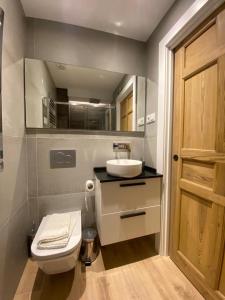 ein kleines Bad mit WC und Waschbecken in der Unterkunft Apartamento Deluxe Casco Viejo in Bilbao