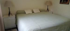 a bedroom with a bed with two night stands and two lamps at Cabaña romántica en la sierra in Yacanto +26 photos