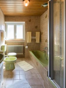 uma casa de banho com uma banheira verde e um WC. em Ferienwohnung Haus Nahetal em Gonnesweiler