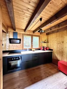 a kitchen with black appliances and wooden walls at Chalet Mouflon - Vue lac imprenable in Thollon