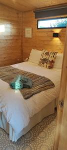 Horse Island View Luxury Retreat في Kircubbin: غرفة نوم مع سرير في كابينة خشب