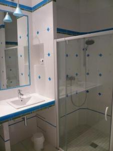 a bathroom with a glass shower and a sink at La tour du guet in Arouille