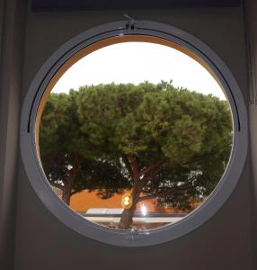 una ventana redonda con un árbol en el fondo en SUITE Home Ladispoli, en Ladispoli