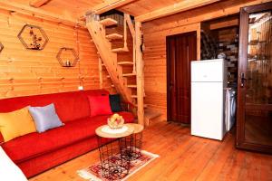 Cottage Racha Rhymes في أمبرولاوري: غرفة معيشة مع أريكة حمراء في كابينة خشب