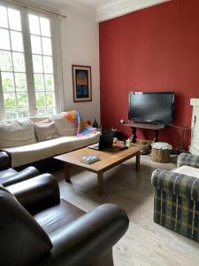 ein Wohnzimmer mit einem Sofa und einem TV in der Unterkunft Edificio Quijano in Montevideo