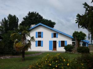 a white house with blue shutters and a palm tree at Le grand bidot in Louer