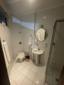 uma casa de banho com um chuveiro, um WC e um lavatório. em Brasil Palace Hotel em Belo Horizonte