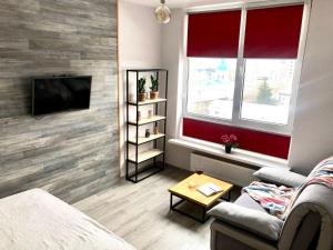 - un salon avec un canapé et une télévision dans l'établissement Cozy apartment in a complex Semycvit, à Lviv