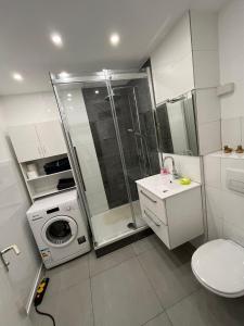 a bathroom with a shower and a washing machine at Ismail Wohnung 2 Zi. Kranichstein in Darmstadt