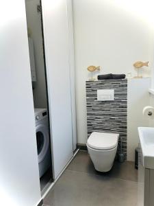 a bathroom with a toilet and a washing machine at Coast House 25 -TRZĘSACZ SUNNY SIDE BALTIC in Trzęsacz