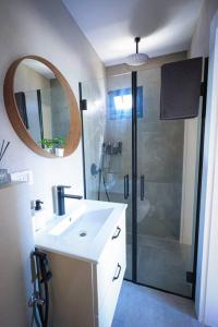 La salle de bains est pourvue d'un lavabo et d'une douche avec un miroir. dans l'établissement Betsalel accommodation, à Jérusalem