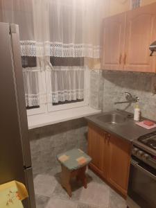 a small kitchen with a sink and a window at Centrum in Koło