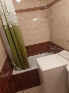 a bathroom with a green shower curtain next to a toilet at Centrum in Koło
