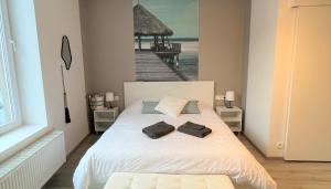 a bedroom with a bed with a painting of a pier at Studio chic proche aéroport & centre-ville in Charleroi
