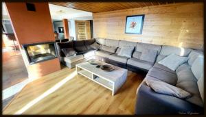 a living room with a couch and a fireplace at High standing chalet / SPA overlooking the valley in Eyne