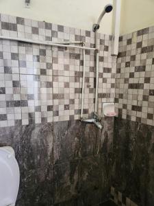 a bathroom with a shower with a tiled wall at Rental Furnished Studio in Port Louis