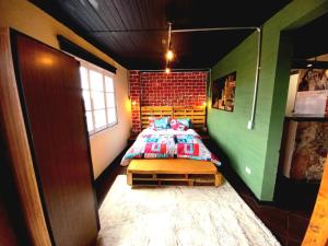 a bedroom with a bed in a green room at Donde Pepe Loft Apartasuite. in Zipaquirá