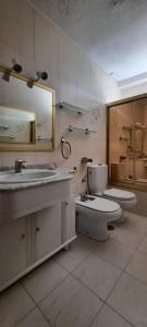 uma casa de banho com um WC, um lavatório e um espelho. em Piso amplio, iluminado y muy bien comunicado em Madri