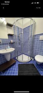 y baño de azulejos azules con ducha y lavamanos. en Casa Dani, en Baselga di Pinè