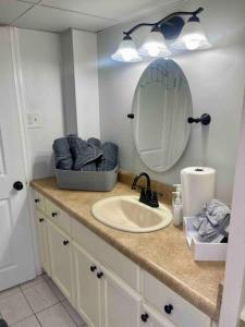 a bathroom with a sink and a mirror at Midtown at Marion Green 1BR 1BA, 2 miles FAMU FSU, 2blks TMH in Tallahassee