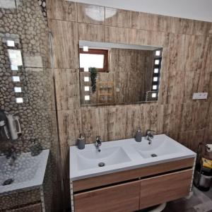 a bathroom with a sink and a mirror at Nekézseny Gyöngye Vendégház in Nekézseny