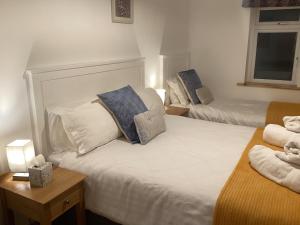 a bedroom with two beds with blue and white pillows at Roundstone Harbour lights Roundstoneselfcatering in Roundstone