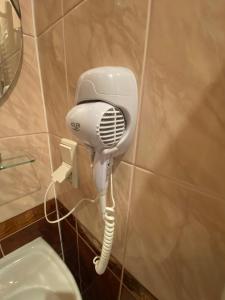 Hay un secador de pelo pegado a la pared de un baño. en Homies Inn, en Celiny