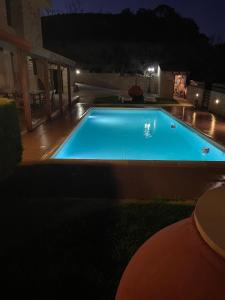 a large blue swimming pool at night at Softades Cottage in Omodos