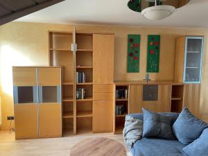 a living room with a couch and book shelves at Ferienwohnung zur Bugspitze in Selbitz