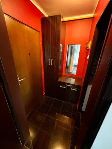 łazienka z lustrem i czerwonymi ścianami w obiekcie Flat near BTC city - free parking w Lublanie
