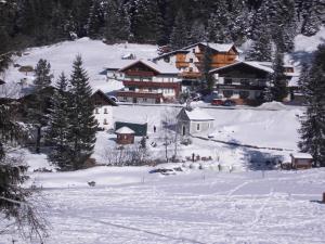 un grupo de edificios en una montaña cubierta de nieve en Haus Waldheim, en Sankt Leonhard im Pitztal