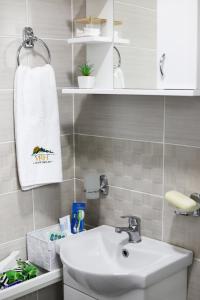 ein Bad mit einem Waschbecken, einem WC und einem Handtuch in der Unterkunft Vrh Apartman in Divčibare