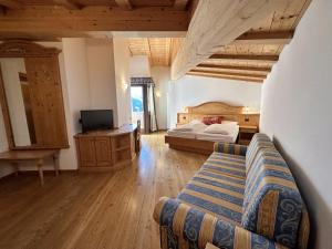 a bedroom with a bed and a television and a couch at Hotel Betulla in Madonna di Campiglio