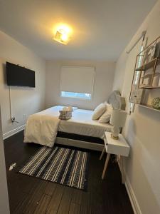 a bedroom with a bed with a television and a rug at Cozy-2bedroom in Oakville in Oakville