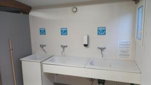 Soturaccamping nature le Valenty mobil-home-Dordogne panoramique clim piscine的一间带两个水槽和两个水龙头的浴室