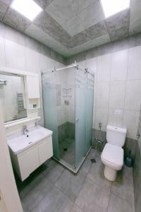 a bathroom with a shower and a toilet and a sink at Zimmer Boutique Hotel in Baku