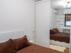ein Schlafzimmer mit einem Spiegel neben einem Bett in der Unterkunft Casa Boes 41 in Vişan