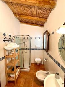 ein Bad mit einer Dusche, einem WC und einem Waschbecken in der Unterkunft Agriturismo Li Scopi in San Teodoro