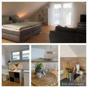 a collage of pictures of a bedroom and a living room at Dachstudio am Donau Rad Weg in Tegernheim