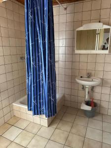 a bathroom with a blue shower curtain and a sink at Feriendorf Kimbucht in Reichendorf