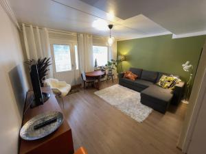 a living room with a couch and a table at Spacious city apartment in Rovaniemi