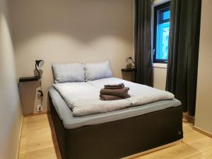 スヴォルヴァールにあるSvolvær city center apartmentのベッド1台(ブラウンタオル2枚付)